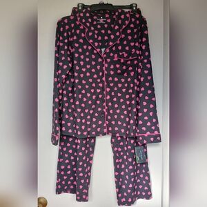 Kate Spade 2 piece Pajamas Long Sleeve Pants Black with Pink Hearts Size Medium